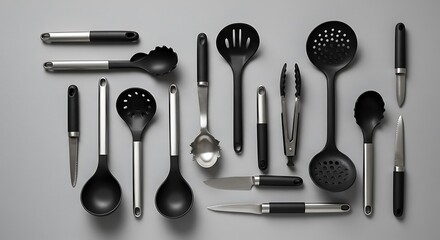 A sleek and modern flat lay of essential kitchen utensils, meticulously organized in a knolling style on a clean gray background