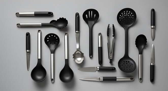 A sleek and modern flat lay of essential kitchen utensils, meticulously organized in a knolling style on a clean gray background