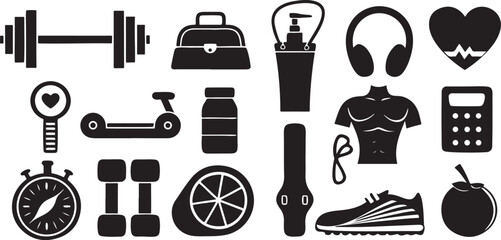Isolated black gym and fitness icons, dumbbell, yoga, running, strength training, muscle building, pushup, squat, heart rate, stretching, cycling for health, workout, and gym equipment visuals