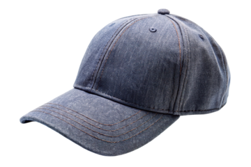 A textured denim baseball cap with a curved brim and button top isolated on transparent background
