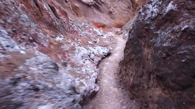 Gypsum stream after rare raine, dropped, supersaturated solutions, chemical sediment, Mountains of volcanic origin. Hormuz Island, Iran