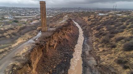 Damaged landscape with a tower and a ravine after a storm.