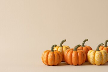 Miniature pumpkins in various shades arranged on a beige background.
