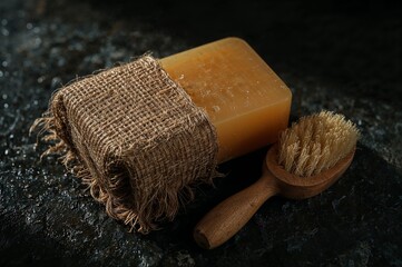 Natural handmade soap bar with a rustic burlap wrap and a wooden body brush for a spa and wellness concept