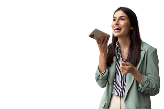 Cheerful businesswoman recording audio message using smartphone app, isolated on transparent background