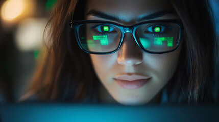 Close-up of a woman in tech glasses focused on green indicators on her laptop during code review