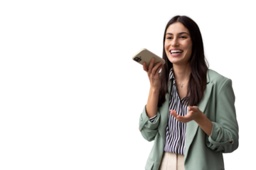 Smiling woman in business attire enthusiastically talking on a smartphone, isolated with a transparent background, conveying communication and positivity