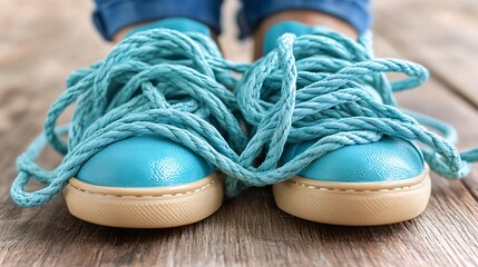 Light-blue leather sneakers with tangled light-blue shoelaces on a wooden floor.