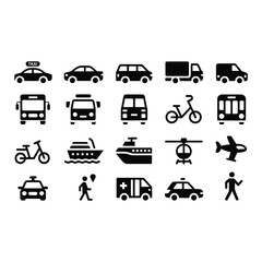 20 black glyph icons representing different modes of transportation