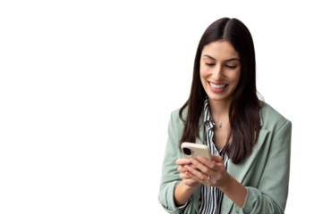Happy businesswoman using smartphone, enjoying online communication, mobile app, checking social media, shopping or playing game, isolated on transparent background