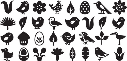 Isolated black vector bird icon set, flying bird, perched bird, feather, egg, nest, sparrow, pigeon, eagle, owl, crow, dove, toucan, hummingbird for nature, travel, and animal-themed designs