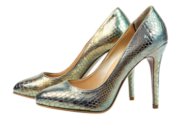 Elegant silver textured high heel shoes with stiletto heels isolated on transparent background