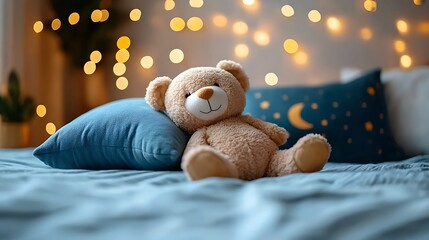 A teddy bear sits on a cozy bed.
