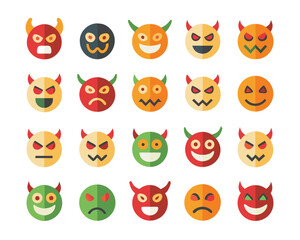 Obraz premium Collection of fierce devil faces and related symbols featuring bold colors and expressive designs for graphic projects