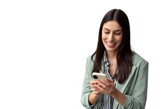 Happy businesswoman using smartphone, enjoying online communication, mobile app, checking social media, shopping or playing game, isolated on transparent background