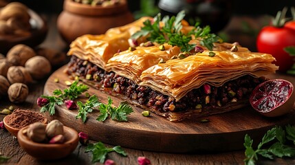 Layers of flaky baklava with a rich filling.
