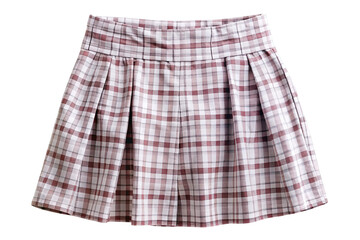 A stylish pleated mini skirt with a classic plaid pattern in muted pink and white isolated on transparent background