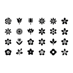 30 unique flower icons in a consistent, minimal style, icons simple, solid black shapes vector on white background