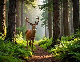 Majestic deer in a sunlit forest path