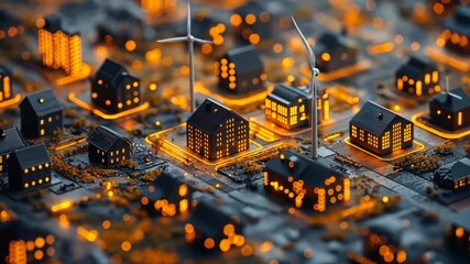 A miniature town with dark buildings illuminated windows wind turbines and bright orange circuit boardlike ground - Powered by Adobe