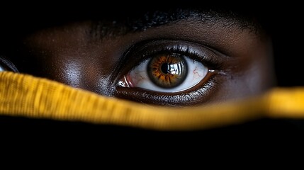 Close-up of an eye peering through a yellow fabric.