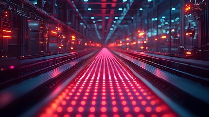 Futuristic industrial assembly line with neon lights