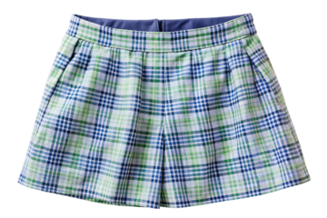 A stylish pleated plaid skirt with a blue and green checkered pattern isolated on transparent background