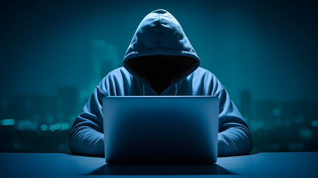Anonymous hacker in hoodie works on laptop in dark room, digital threat concept