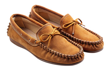 Classic tan suede moccasin shoes with decorative stitching and bows isolated on transparent background