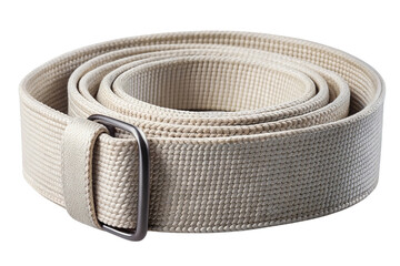 A rolled up light colored fabric belt with a silver buckle isolated on transparent background