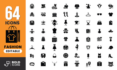 Fashion icon set. Containing dress, hanger, beg, shoes, bracelet, mask, beauty makeup and more icons. Vector illustration.