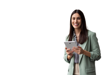 Confident businesswoman gripping tablet, wearing professional attire, standing in studio with transparent background