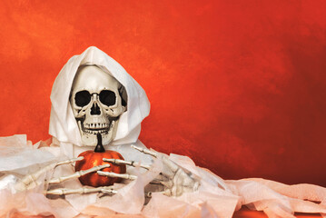 Closeup of scary evil skeleton and Halloween pumpkin with space for text. Halloween concept background