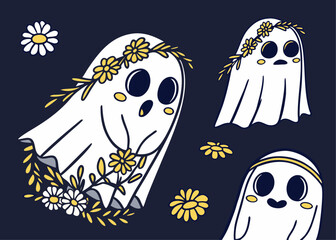 Cute Ghosts with Floral Decorations – Hand-Drawn Cartoon Halloween Characters