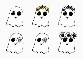 Cute Ghosts with Floral Decorations – Hand-Drawn Cartoon Halloween Characters