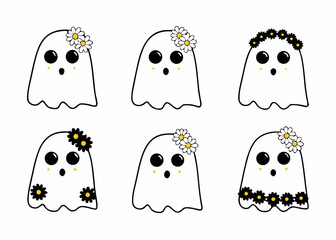 Cute Ghosts with Floral Decorations – Hand-Drawn Cartoon Halloween Characters