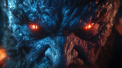 Close-up of a monstrous face with glowing red eyes.
