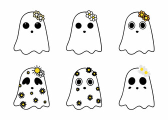 Cute Ghosts with Floral Decorations – Hand-Drawn Cartoon Halloween Characters