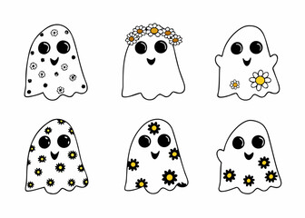 Cute Ghosts with Floral Decorations – Hand-Drawn Cartoon Halloween Characters