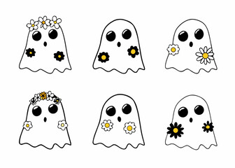 Cute Ghosts with Floral Decorations – Hand-Drawn Cartoon Halloween Characters