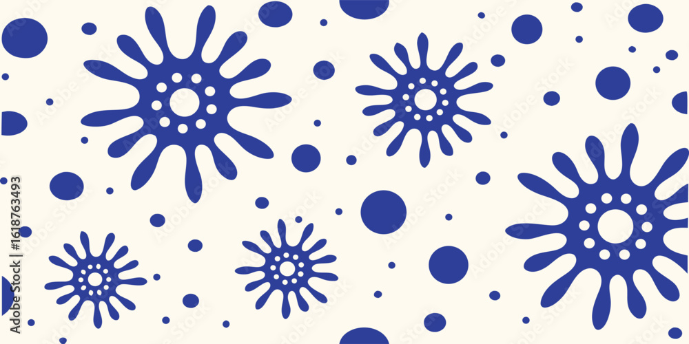 Poster blue abstract seamless pattern. modern vector background with splash, starburst, and dot shapes for 