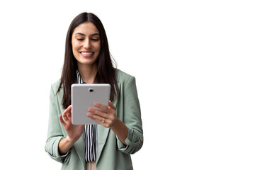Businesswoman smiling confidently while using a digital tablet, showcasing her professional skills...