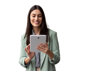 Businesswoman smiling confidently while using a digital tablet, showcasing her professional skills in a modern, isolated setting