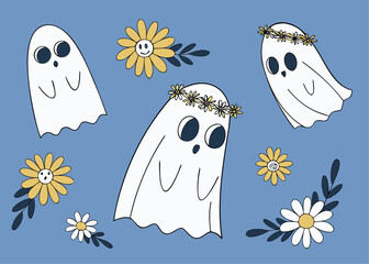 Cute Ghosts with Floral Decorations – Hand-Drawn Cartoon Halloween Characters