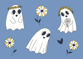 Cute Ghosts with Floral Decorations – Hand-Drawn Cartoon Halloween Characters