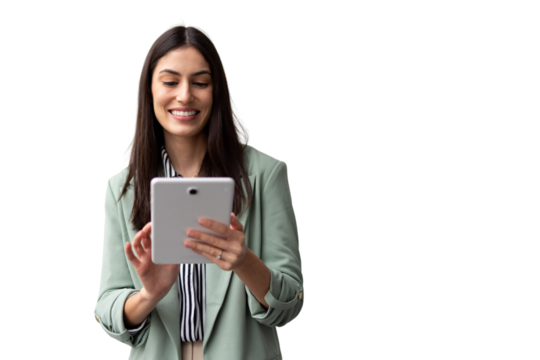 Businesswoman smiling confidently while using a digital tablet, showcasing her professional skills in a modern, isolated setting