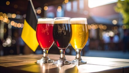 Belgian beer tasting showing variety of colors and flavors with belgian flag
