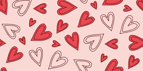 Red and pink hearts seamless pattern. Simple line art vector background for Valentine's Day, love, romance, wedding, and romantic-themed design projects.