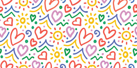 Colorful hand drawn doodle seamless pattern. Vector background with hearts, suns, and abstract shapes for kids design, fabric, print, and wrapping paper.