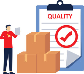 Product quality control concept, people check product quality with established standards. inspection or testing procedures that focus on meeting requirements. Modern flat vector illustration.

